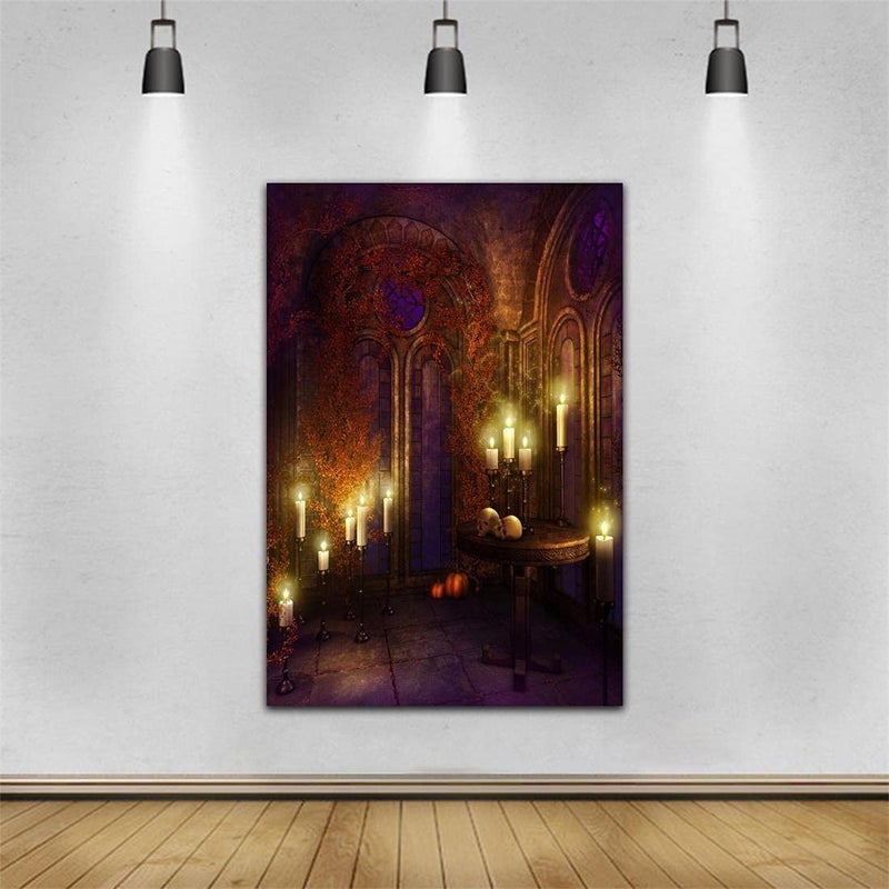 AOFOTO 4x6ft Vintage Dim Gothic Room Background Halloween Scary Skull Photography Backdrop Haunted Castle Interior Burning Candles Candlestick Fall Vines Ivy Photo Studio Props Girl Boy Kid Portrait - Image 4